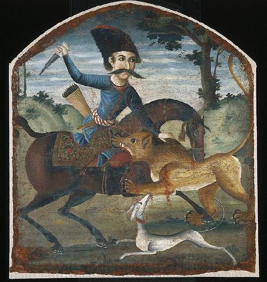 unknow artist Hunter on Horseback Attacked by a Lion Spain oil painting art